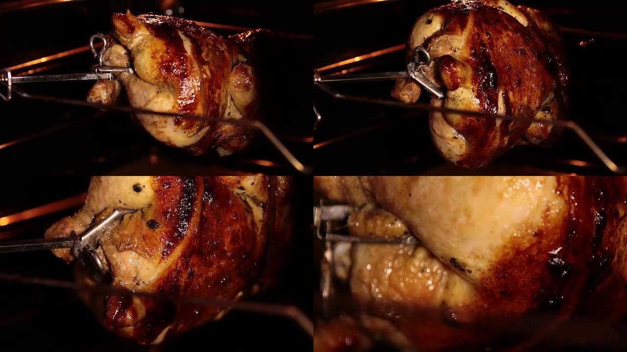 用烤炉在烤肉店吐出烤鸡。烤鸡在烧烤元件下旋转。内部视图。