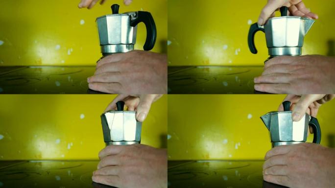 用手拧下摩卡咖啡机，插入咖啡粉，准备典型的意大利早餐