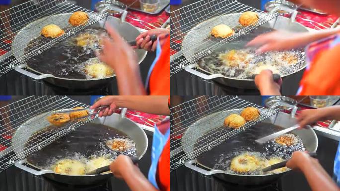 泰国曼谷街头食品中国步行街油炸肉丸的4k特写镜头