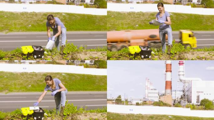 女生态学家在高速公路附近获取植物样本。