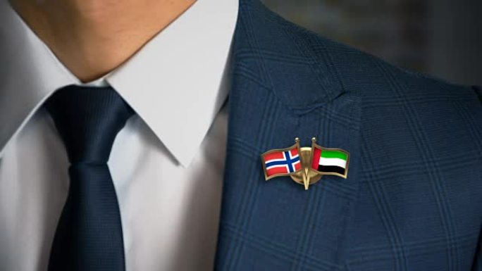商人带着朋友国家的国旗走向相机，别针挪威-阿拉伯联合酋长国