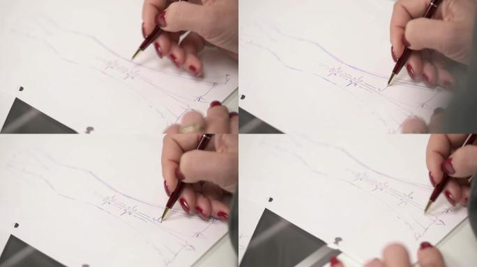 设计师的双手的特写俯视图继续处理婚纱的草图并用铅笔绘制