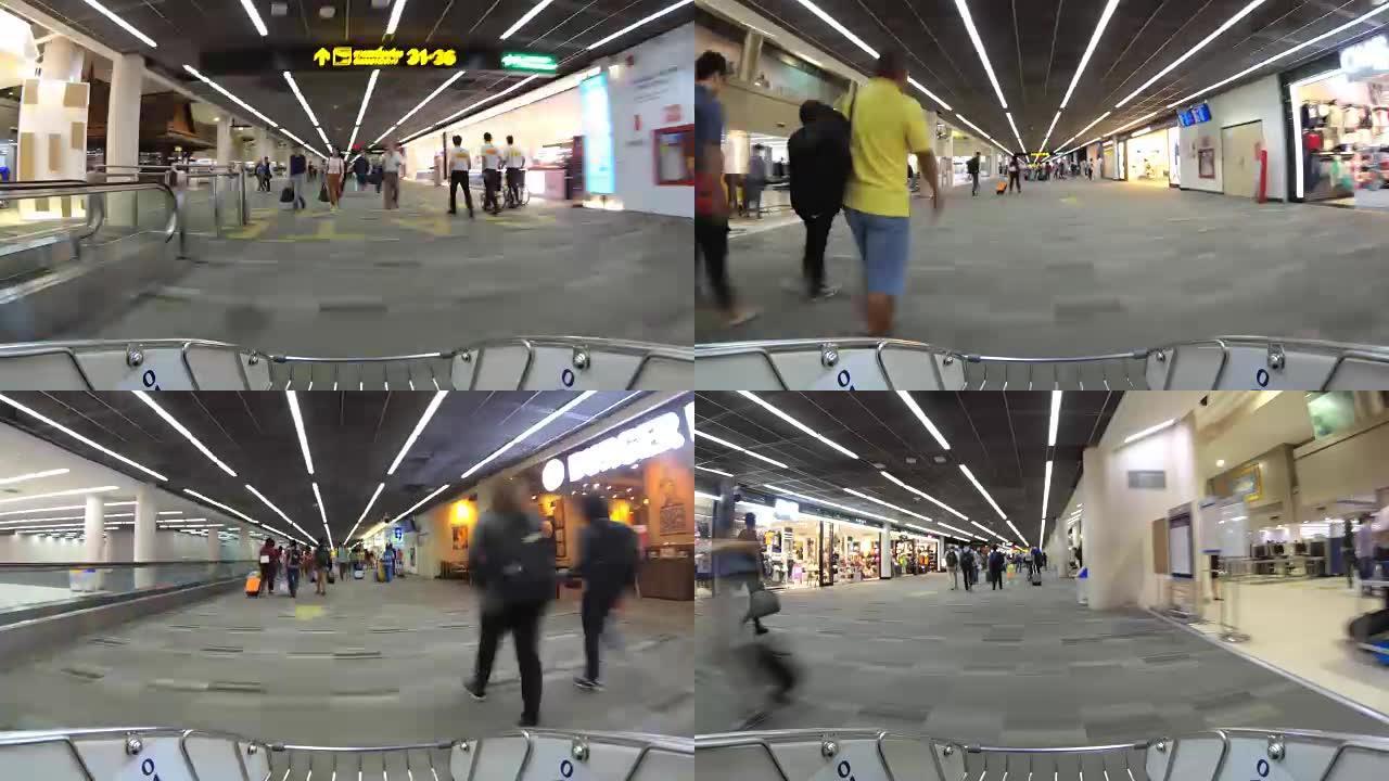 4k延时: 匿名人士在机场航站楼购物和散步，等待thair fight