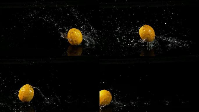 柠檬黄，柑橘柠檬酒，黑色背景下落水的水果，慢动作4K