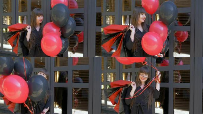 购物快乐，红唇时尚女孩在街上拿着气球和很多包裹