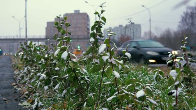 异常天气是城市高速公路上的湿雪。