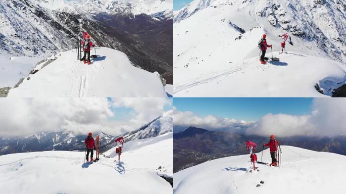 山顶徒步旅行者，滑雪游览登山雪山，阿尔卑斯山全景，征服逆境，取得成功