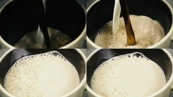 慢动作在杯子里倒入咖啡和牛奶特写