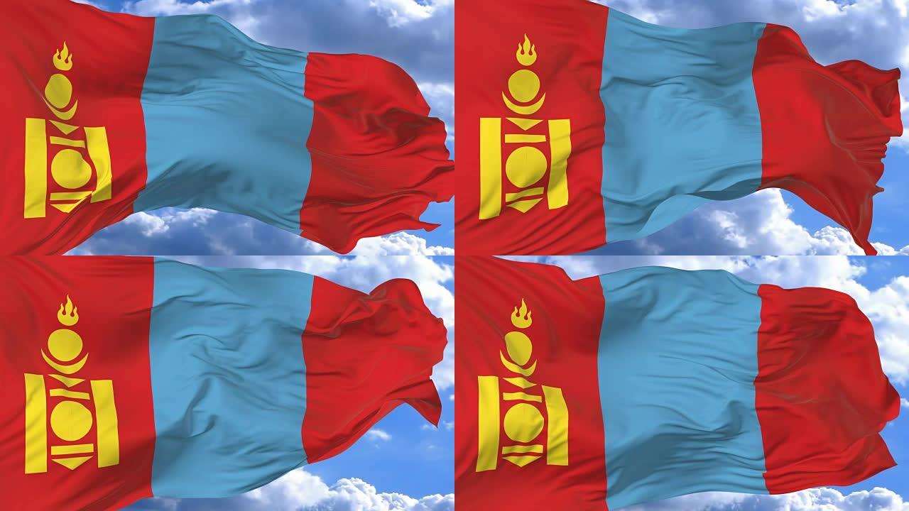 在蓝天下飘扬的蒙古国旗