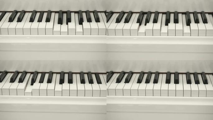 没有钢琴家的自弹白钢琴。弹钢琴本身。关闭前视图