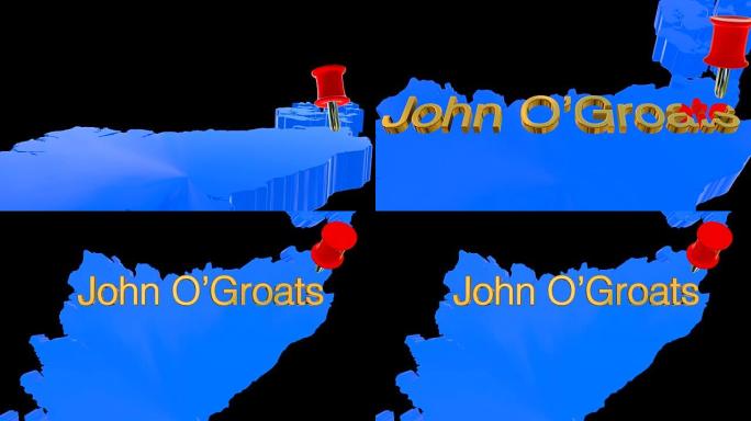 苏格兰地图alpha通道和3D地图引脚突出约翰O'Groats的位置