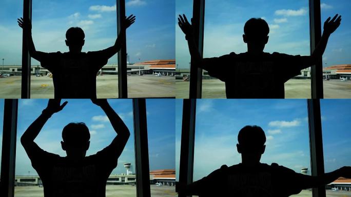 年轻的亚洲男子说嗨，你好，早上好或再见，并在机场，飞机，概念的背景下挥手: 新业务，旅行，交流。