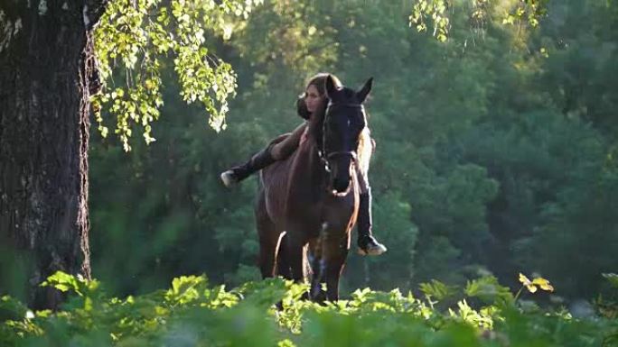 美丽的骑手在绿色的森林和早晨的阳光中跳马