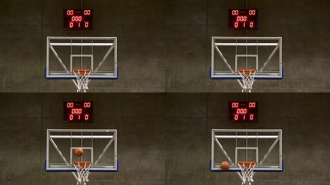 篮球罚球得分。篮板和投篮钟特写。平面。前视图