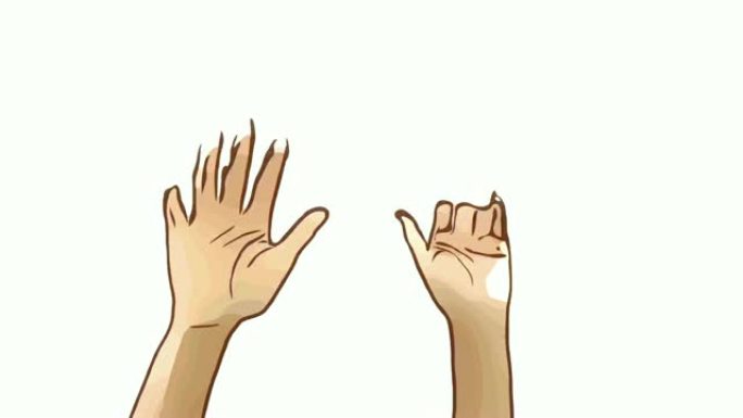 动画卡通素描，人的手和肢体语言，举手表演招手标志