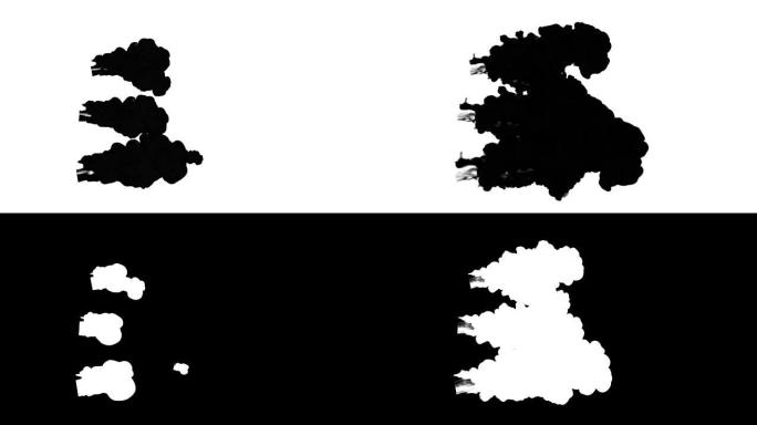抽象黑色墨水滴在白色背景上，用于Alpha通道哑光效果。3d渲染。体素图形。计算机仿真V4
