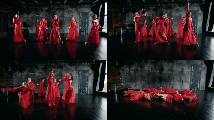 七位迷人的舞者妇女在彩排大厅跳舞，穿着红色连衣裙，躺在地板上