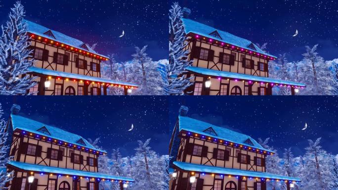 在繁星点点的冬夜照亮欧洲乡村房屋