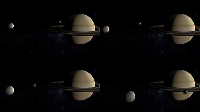 土卫二和米玛斯卫星绕土星行星运行