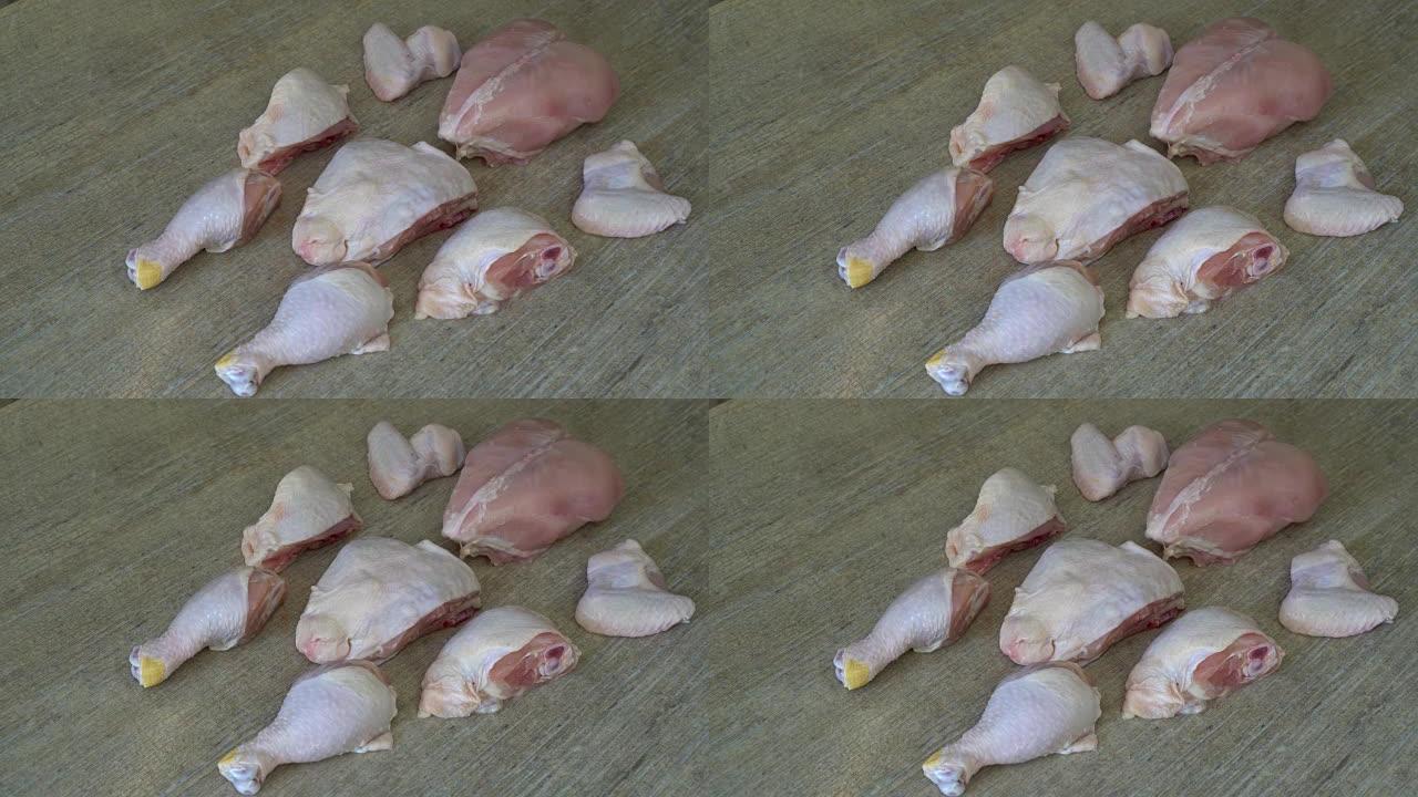 生整鸡的家庭切割。食物储存和组织
