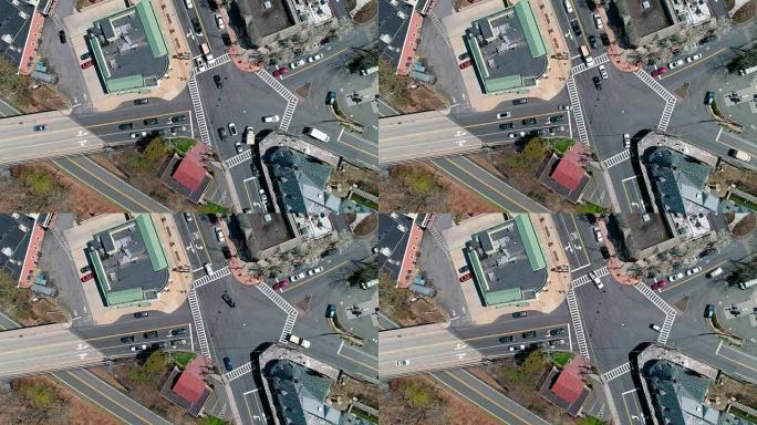美国纽约州威彻斯特县斯卡斯代尔十字路口交通的延时空中无人机视频
