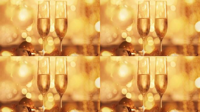 Cinemagraph-圣诞节和新年节日餐桌设置与香槟。
