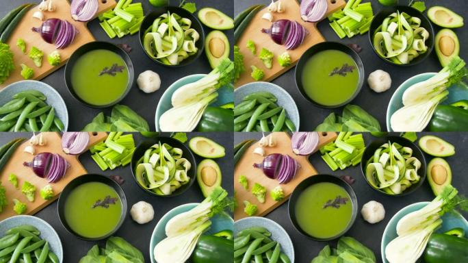 碗中的蔬菜绿奶油汤的特写