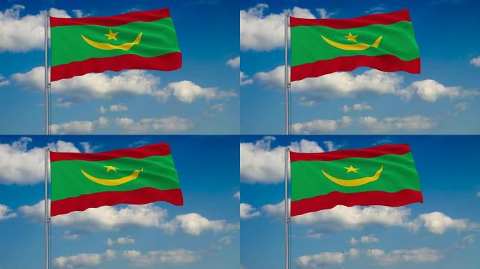 蓝蓝的天空中飘浮着白云，映衬着毛里塔尼亚的国旗