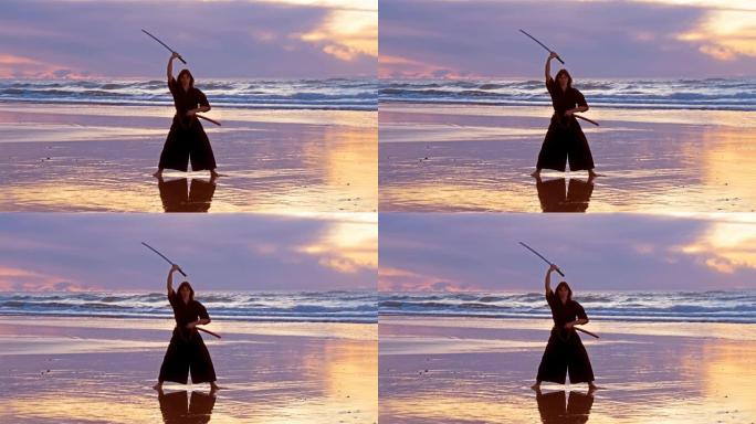 日落时海滩上的武士女人
