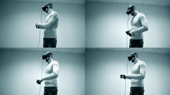 戴着虚拟现实头盔的人。