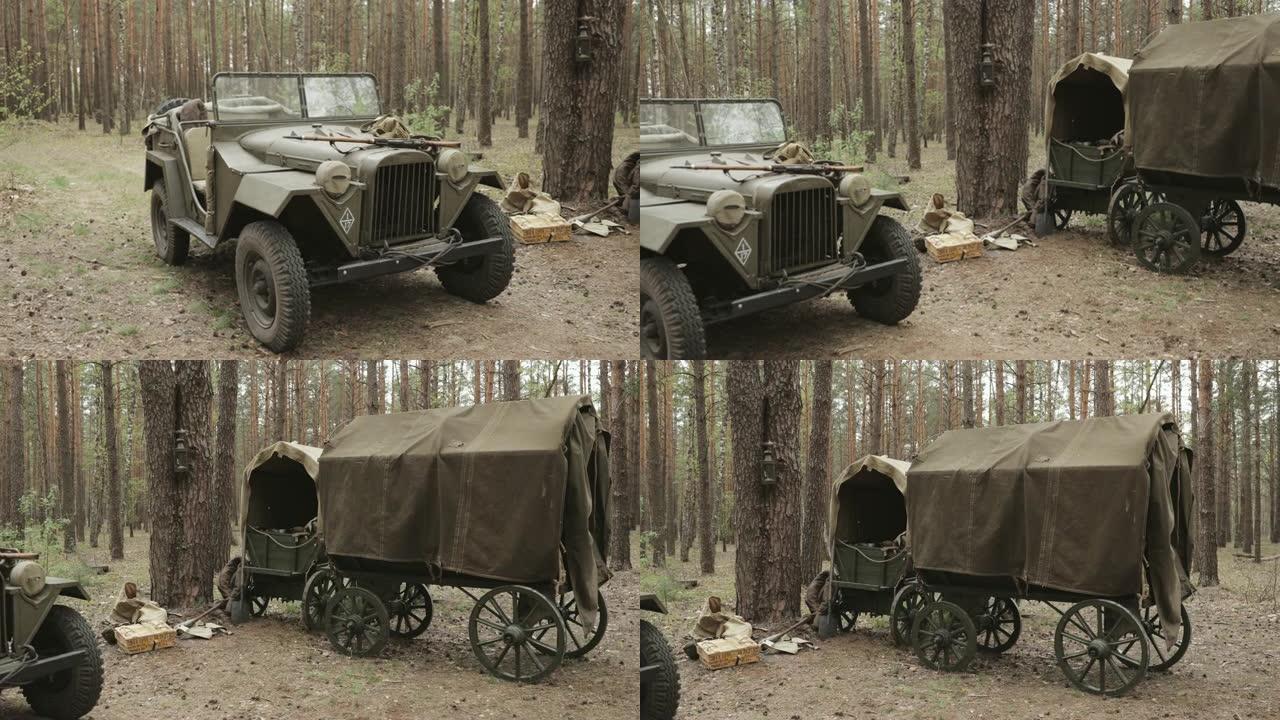 俄罗斯苏联二战四轮驱动军用卡车Gaz-67汽车在森林。红军第二次世界大战装备