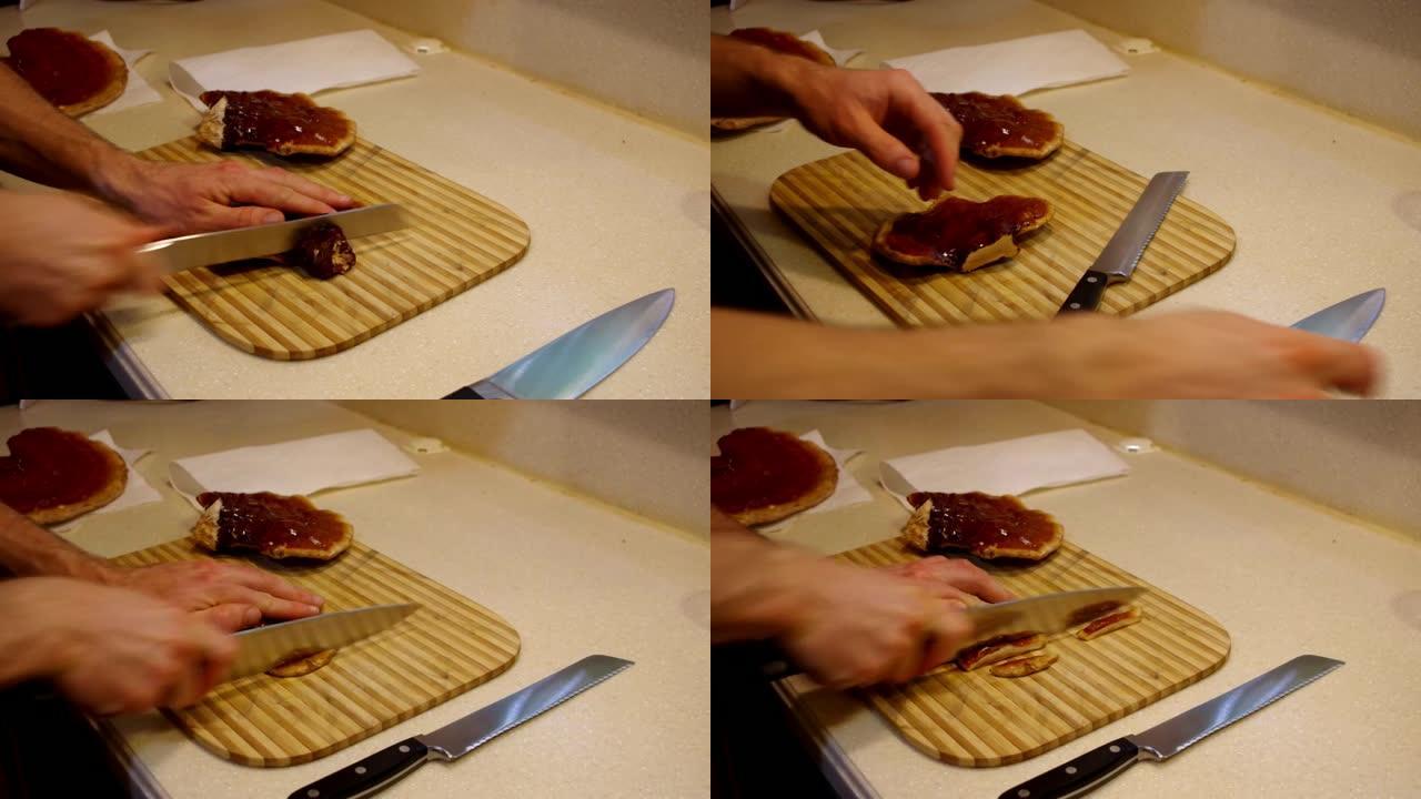 男人在切菜板上切制灵芝蘑菇 (灵芝)，用于制作茶和酊剂。