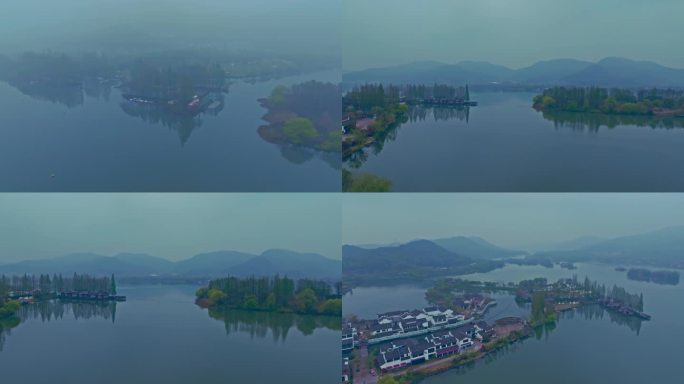 湘湖景区云雾中各个角度航拍