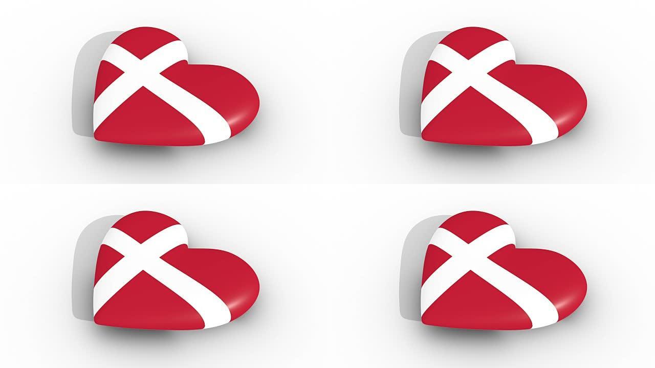 丹麦国旗颜色的脉动心，白色背景，3d渲染侧，循环
