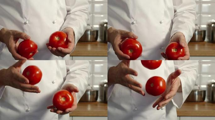 特写: 首席炊具在厨房里摆弄红色西红柿-慢动作