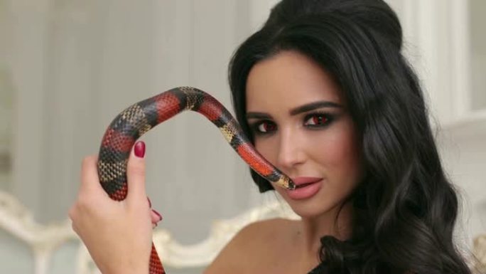 性感黑发女人的肖像，专业化妆，手里拿着一条蛇。
