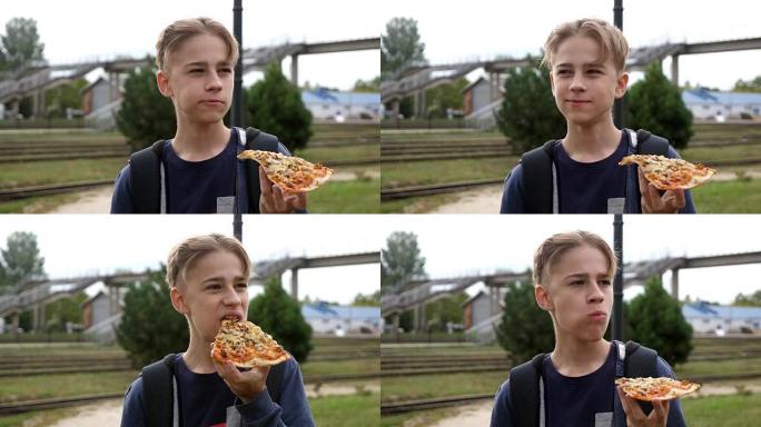 年轻开朗的人站着吃美味的披萨