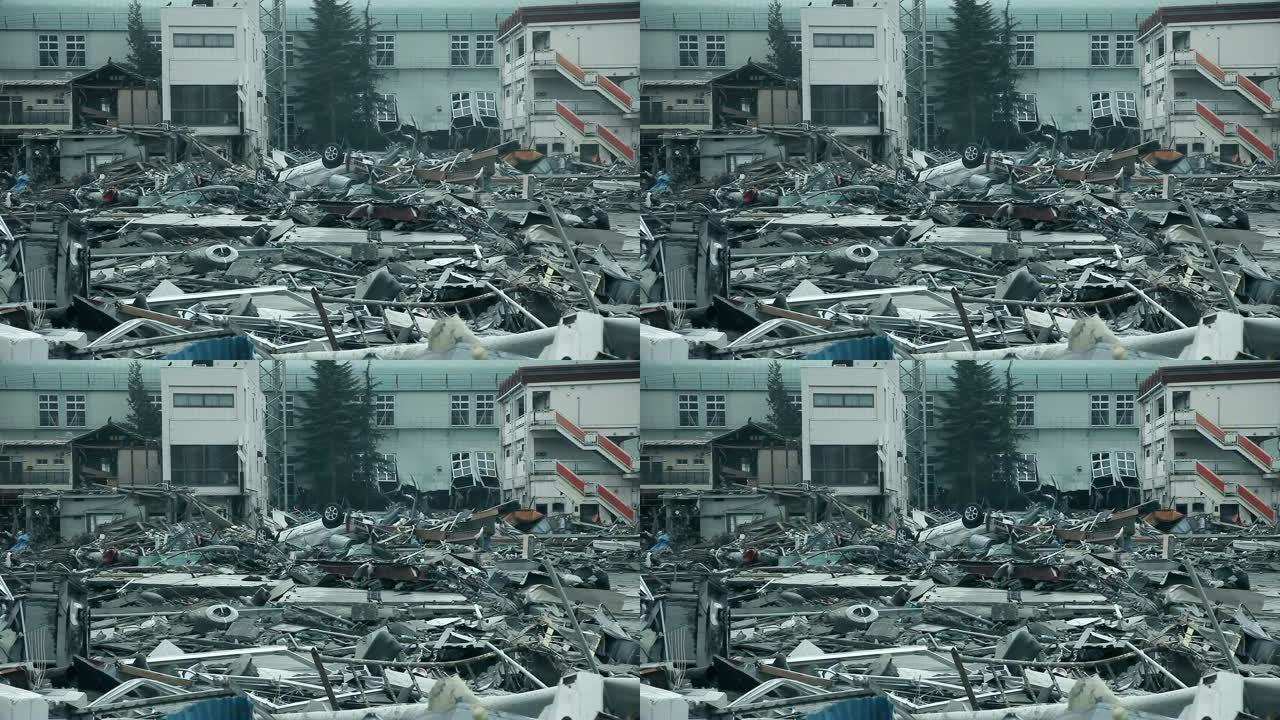 日本福岛海啸后城市被毁房屋。