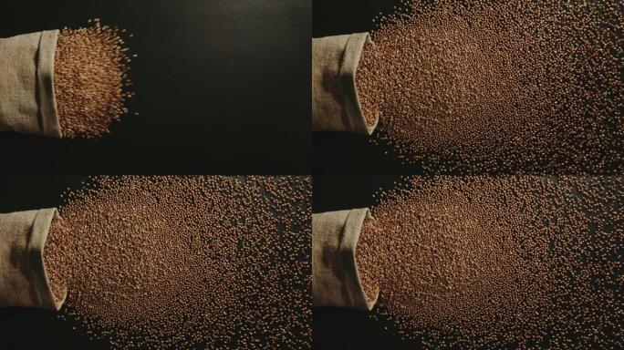 慢动作: 荞麦从黑色桌子上掉落的麻袋中倒出-顶视图