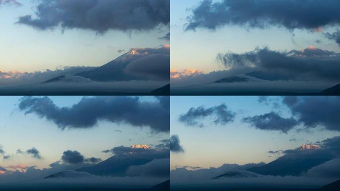 在日本中部地区山梨县本津湖，晚上用云关闭延时4k富士山