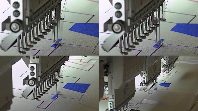 自动现代缝纫机刺绣图案，工业刺绣设备。纺织制造商。工业纺织厂、纺织厂。纺织业。
