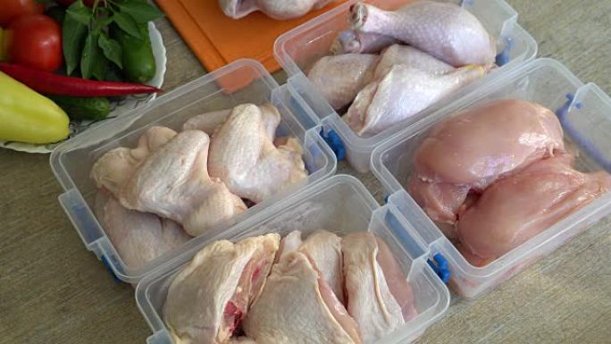 冰箱或冰柜中的各种不同类型的鸡肉