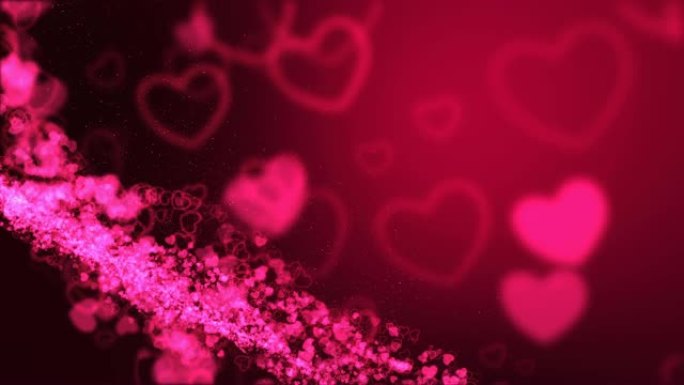 粉色背景，带有闪闪发光的心形颗粒的数字签名，以及景深区域。颗粒是粉红色的光线。
