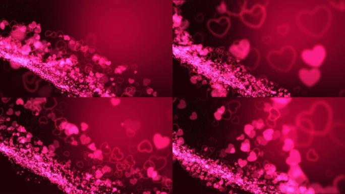 粉色背景，带有闪闪发光的心形颗粒的数字签名，以及景深区域。颗粒是粉红色的光线。