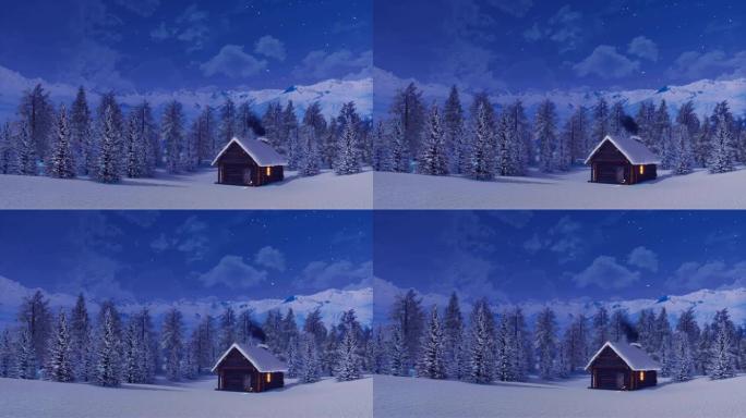 冬夜雪山中的孤独小木屋