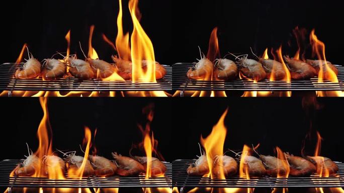 烤虾，烧烤海鲜着火燃烧慢动作背景。