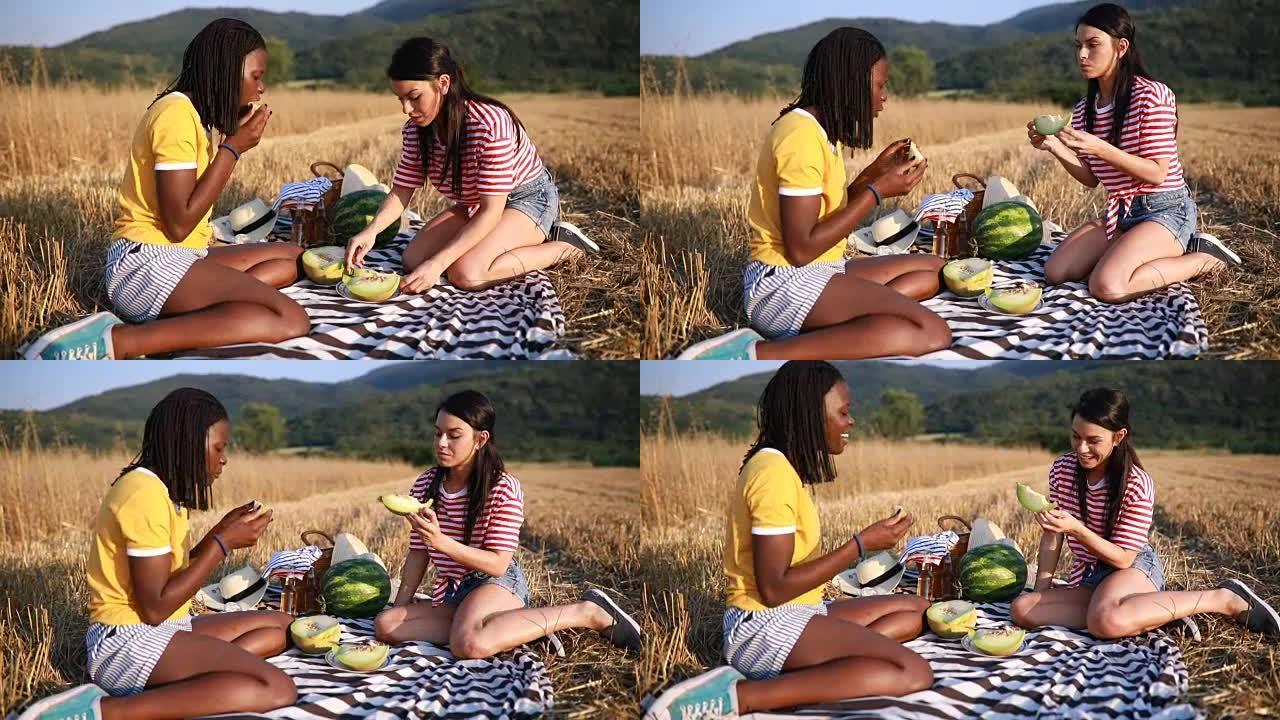 美丽的朋友在自然野餐上吃瓜