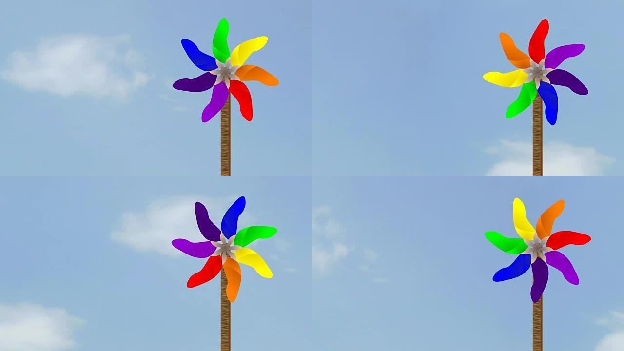 VIBGYOR彩色旋转针轮对抗多云的天空动画视频片段