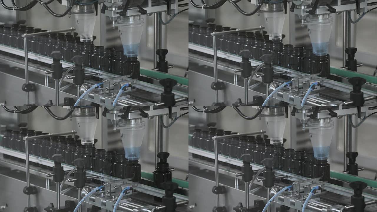 药丸、片剂的生产过程。工业制药概念。工厂设备和机器。4K