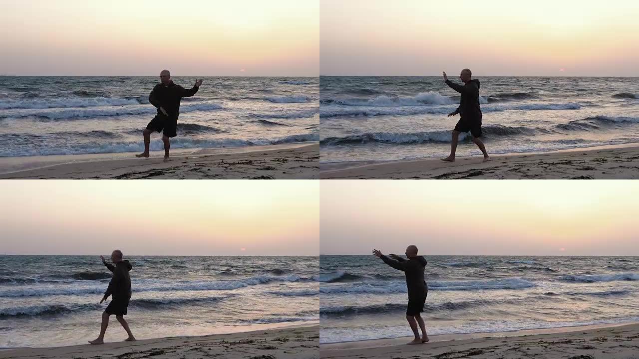 男子在海边训练中国武术太极拳，傍晚天空背景